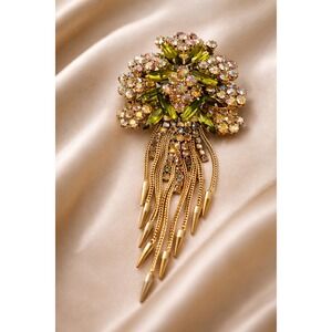 Vintage Olivine Green Rhinestone Tassel Pendant Statement Runway Glam